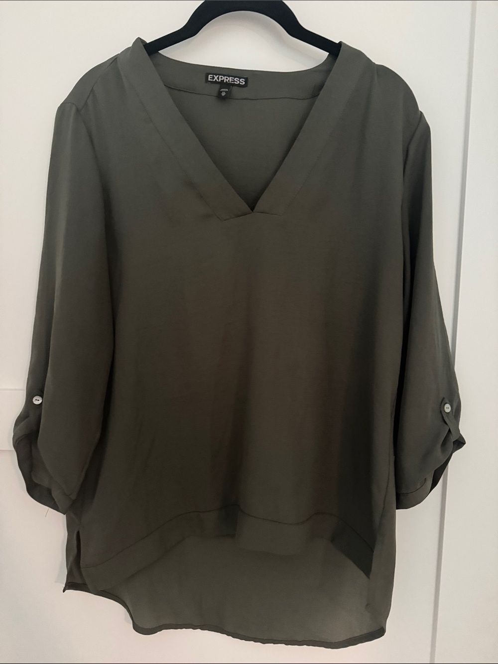 Express Olive V-Neck Roll Sleeve Tunic